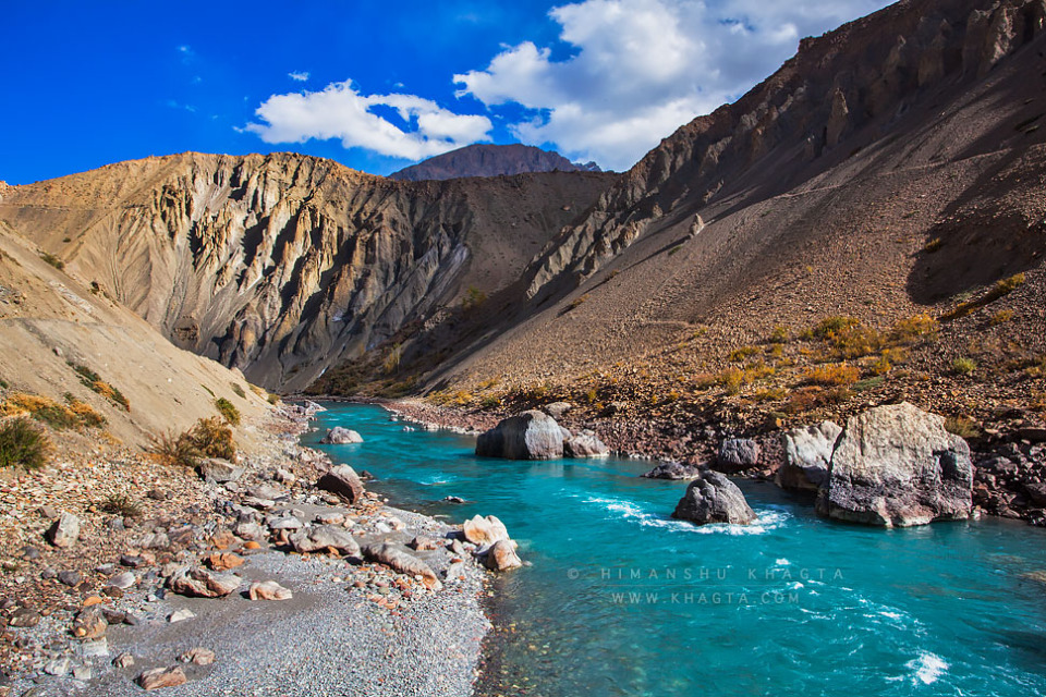 Carrying loads of silt in the summer River Spiti turns blue in autumn